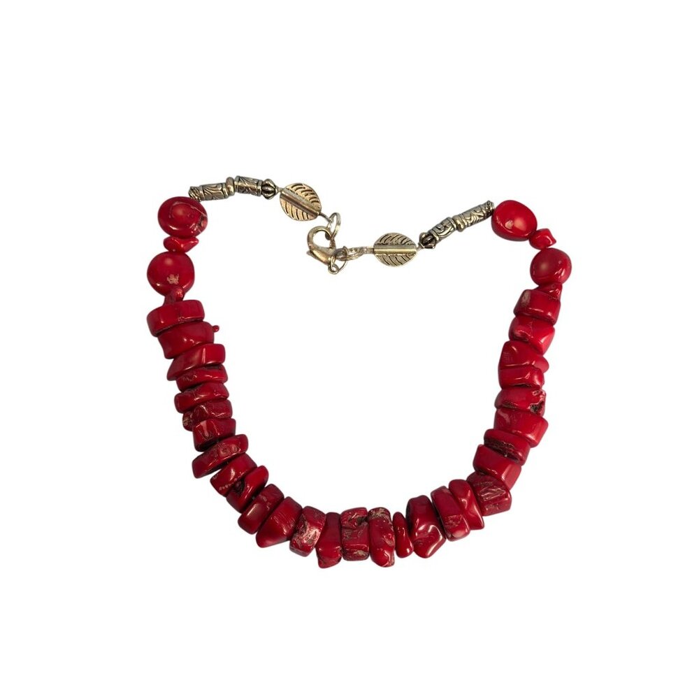 Red Bamboo Coral Chunky Necklace Etched Silver-Tone Accents 21" Long 218g - Picture 4 of 5